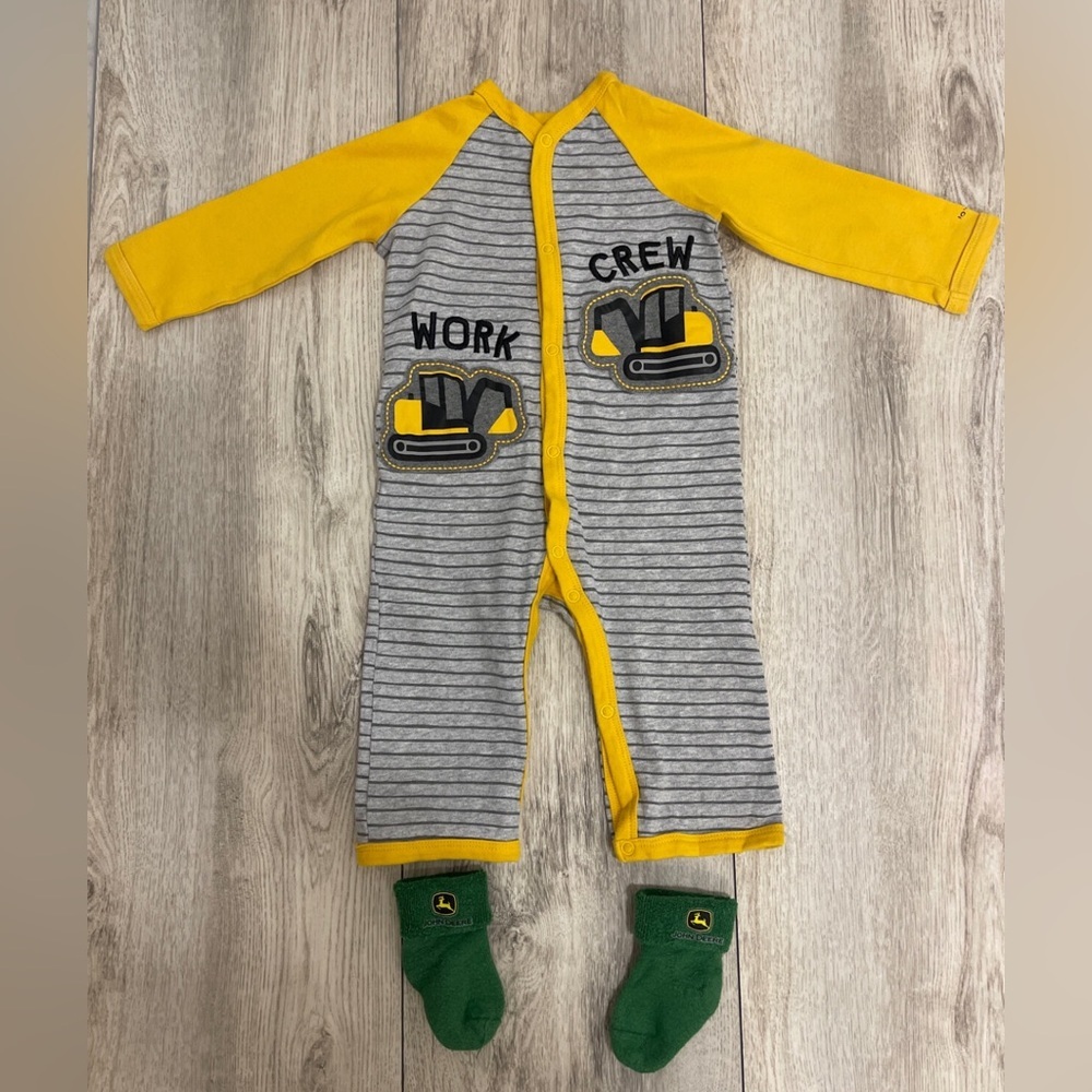 John Deere 9-12 Months Boy Digger Work Crew Romper With Socks